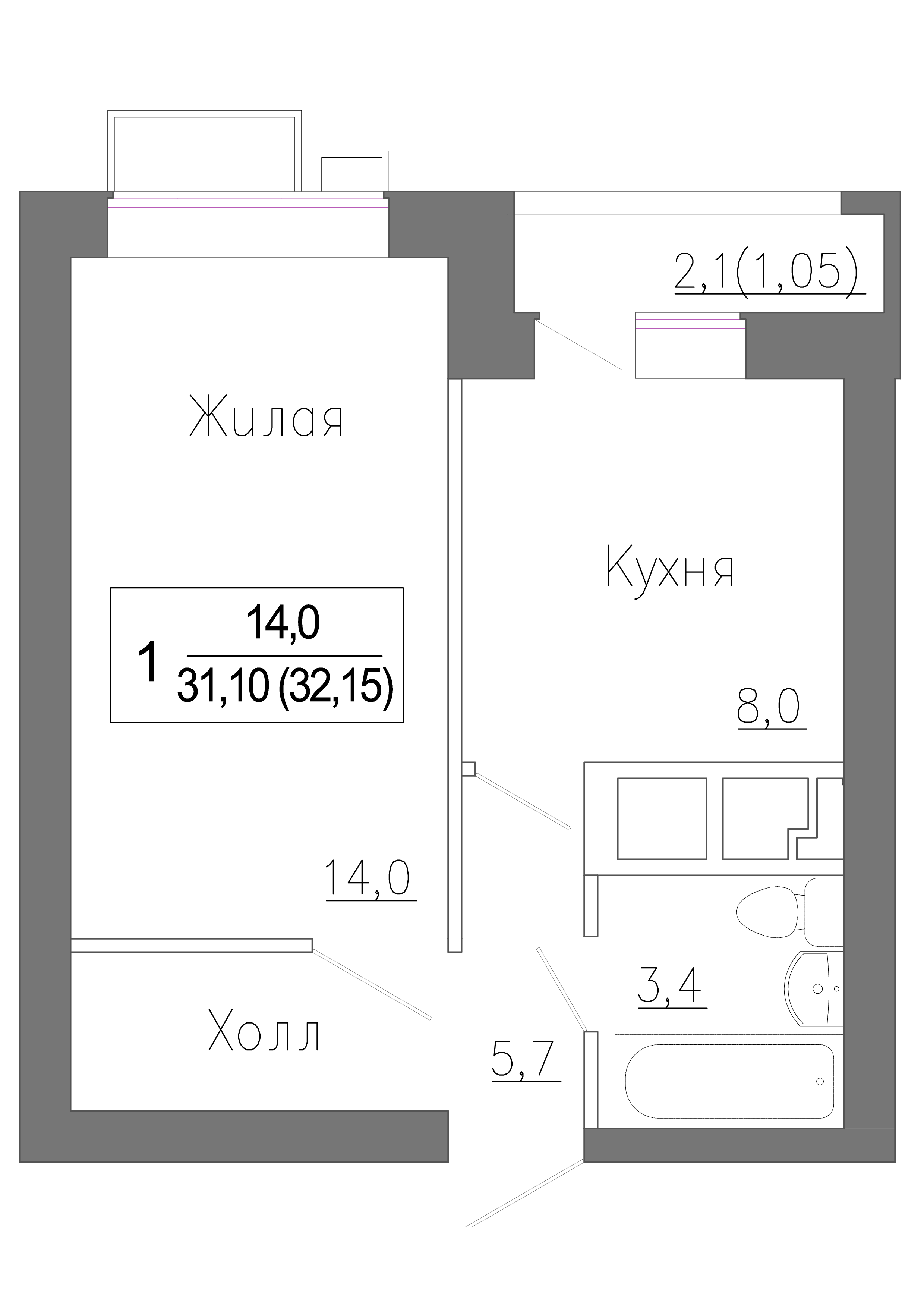 1 комн. квартира, 32.1 м², 4 этаж 