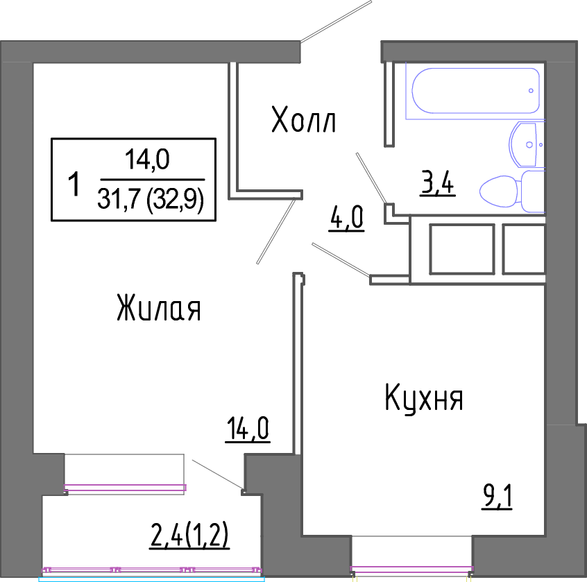 1 комн. квартира, 31.7 м², 4 этаж 