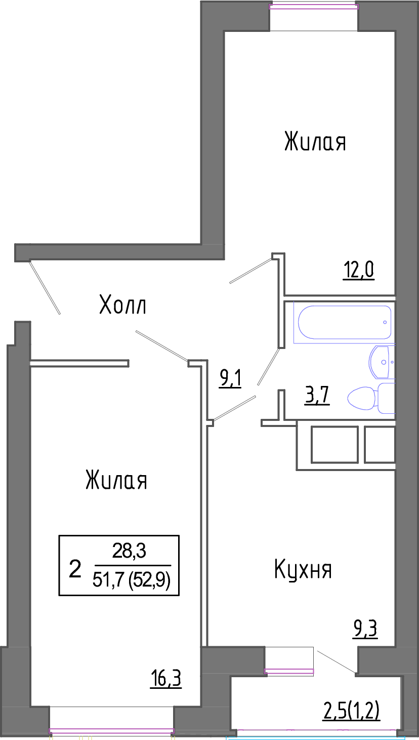 2 комн. квартира, 51.3 м², 4 этаж 