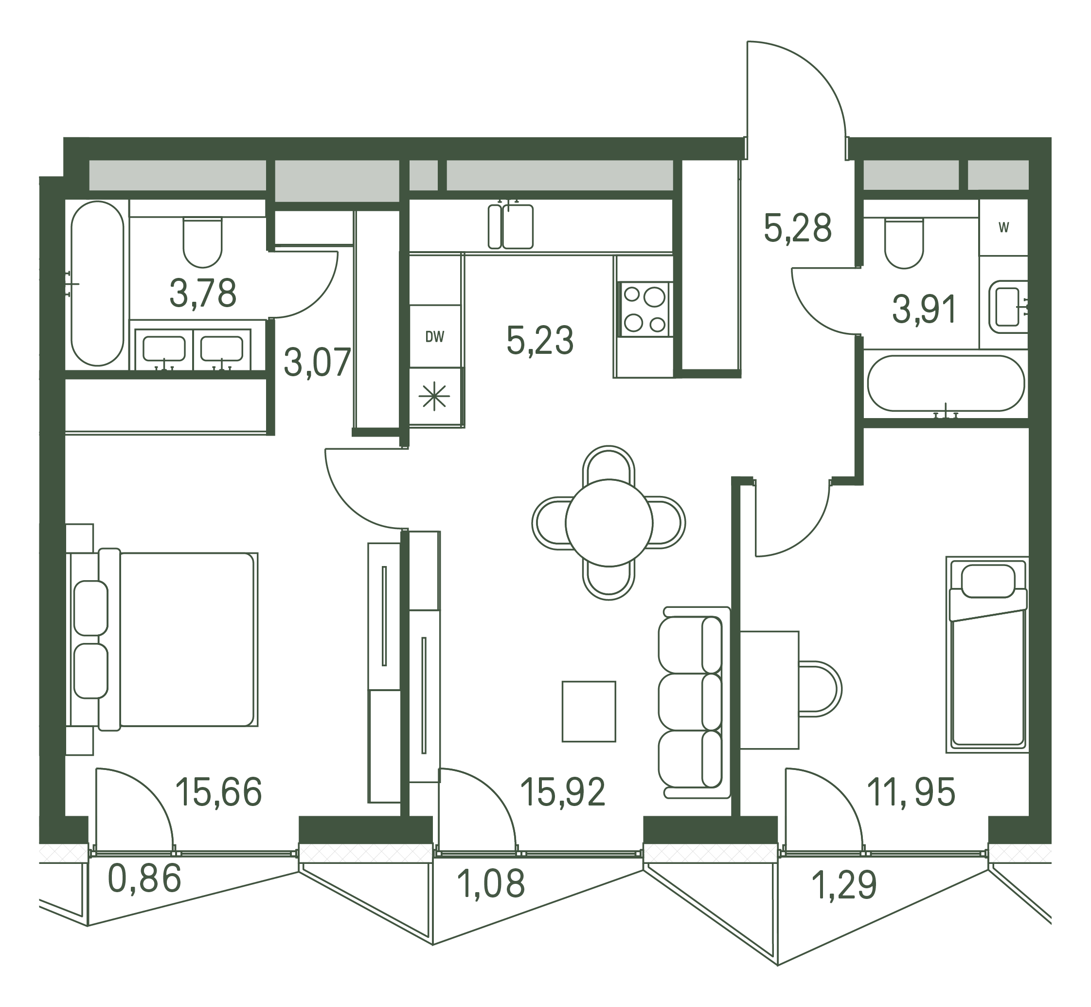 2 комн. квартира, 65.8 м², 30 этаж 