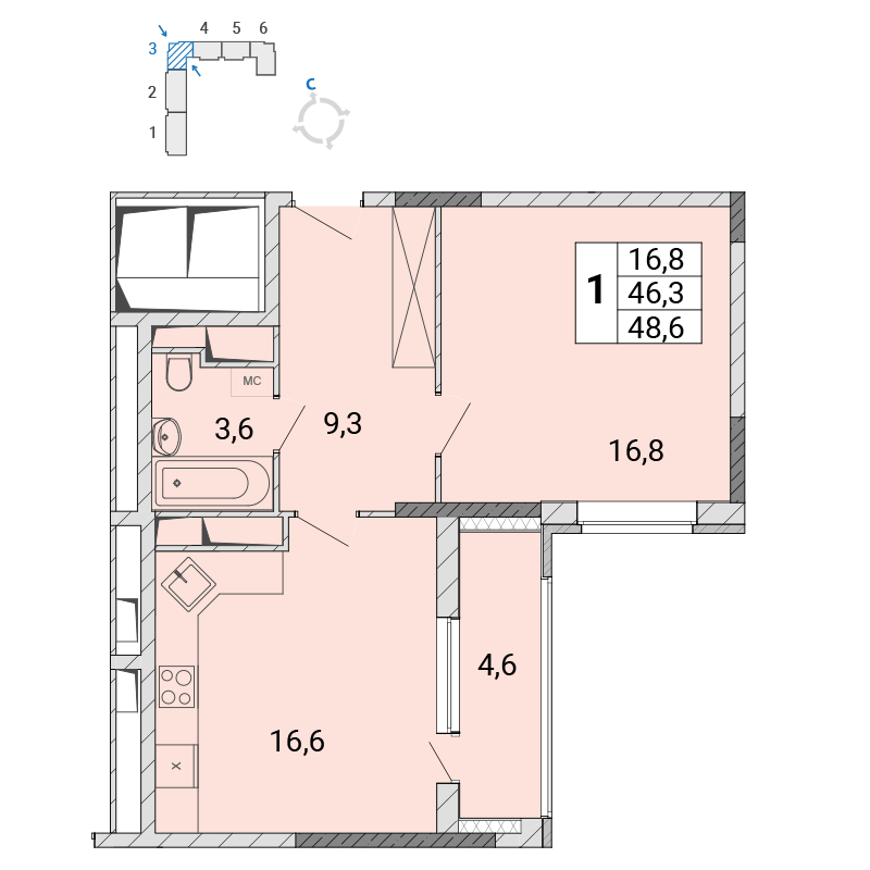 1 комн. квартира, 48.6 м², 12 этаж 