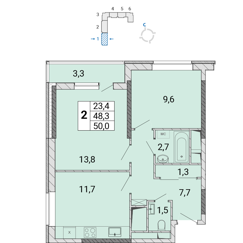 2 комн. квартира, 50.1 м², 9 этаж 