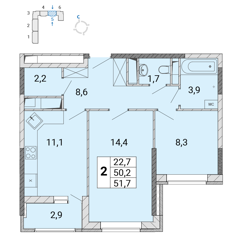 2 комн. квартира, 51.6 м², 12 этаж 