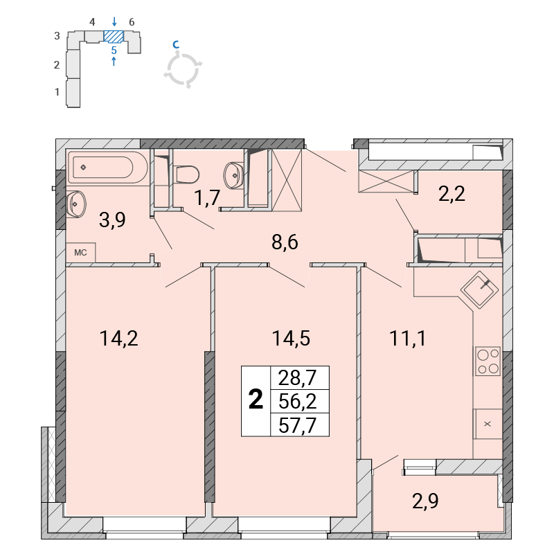 2 комн. квартира, 57.6 м², 12 этаж 
