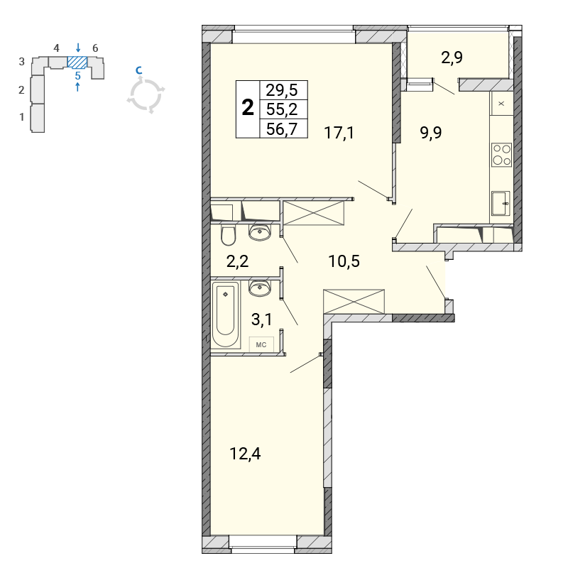 2 комн. квартира, 57 м², 5 этаж 