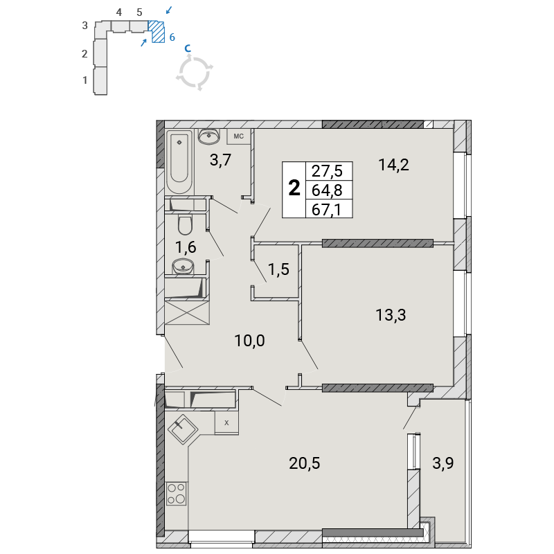 2 комн. квартира, 67.1 м², 17 этаж 