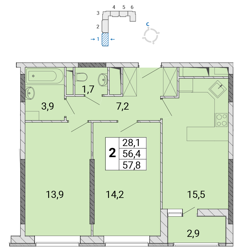 2 комн. квартира, 58.1 м², 12 этаж 