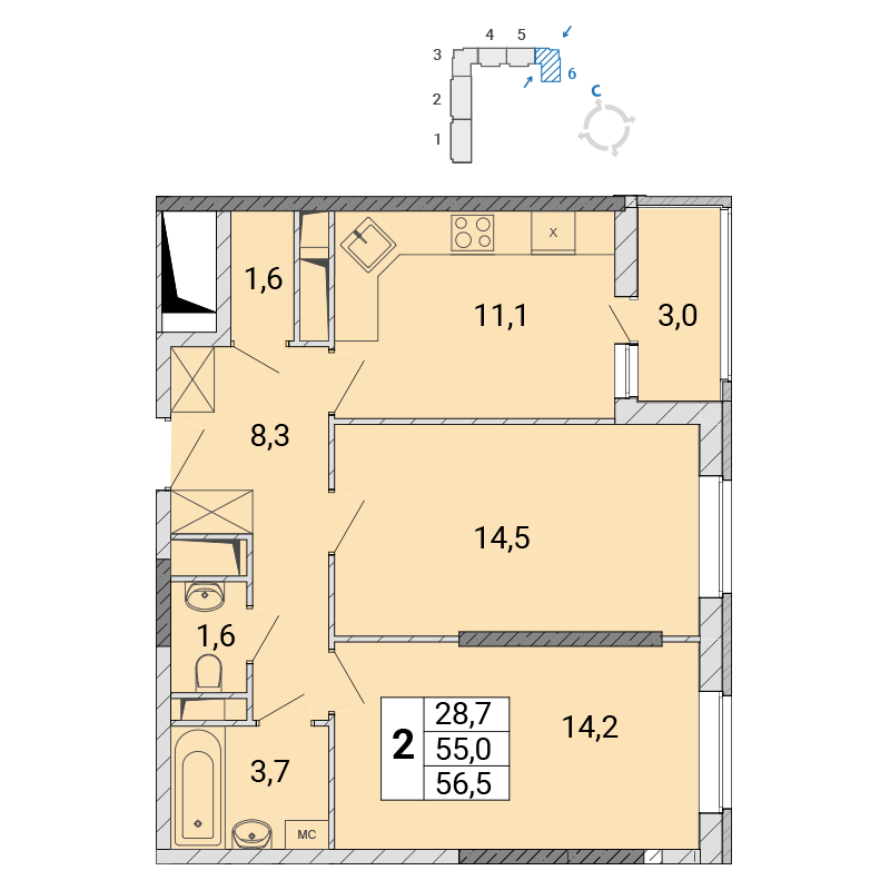 2 комн. квартира, 56.5 м², 14 этаж 