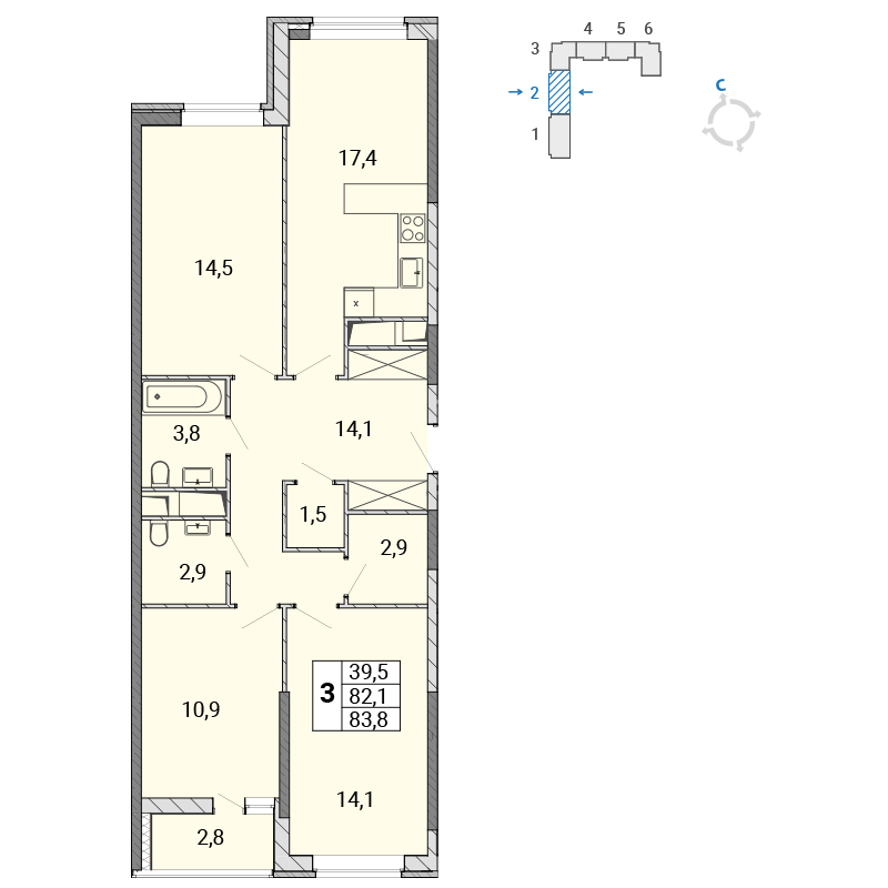 3 комн. квартира, 83.8 м², 12 этаж 