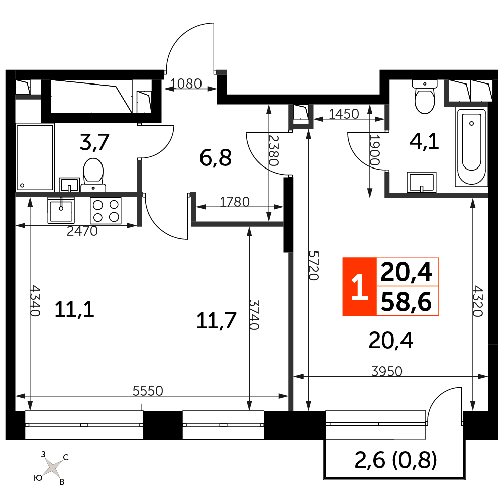 1 комн. квартира, 58.6 м², 15 этаж 