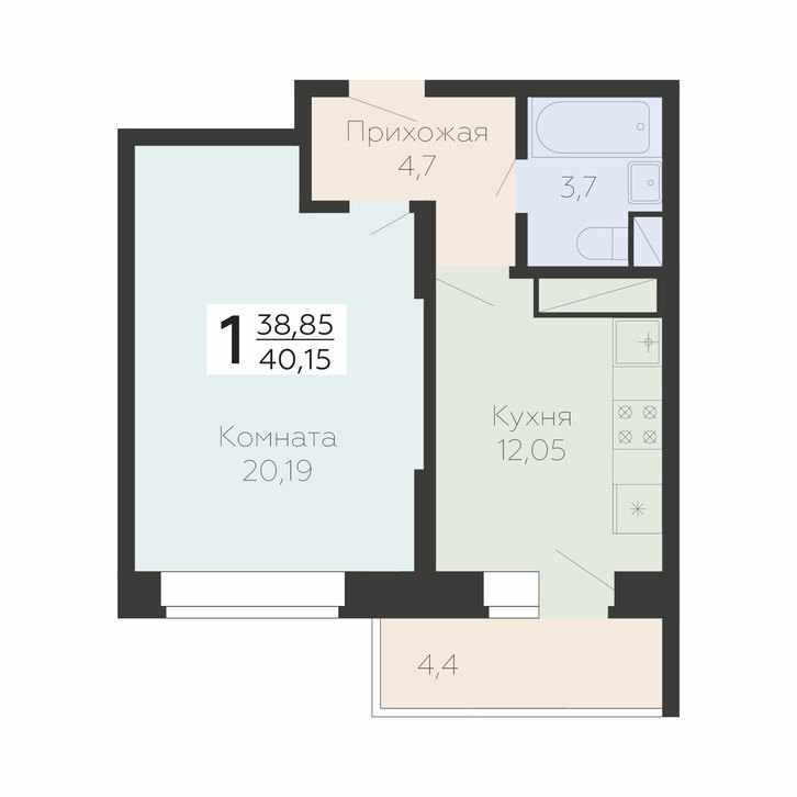 1 комн. квартира, 40.1 м², 12 этаж 