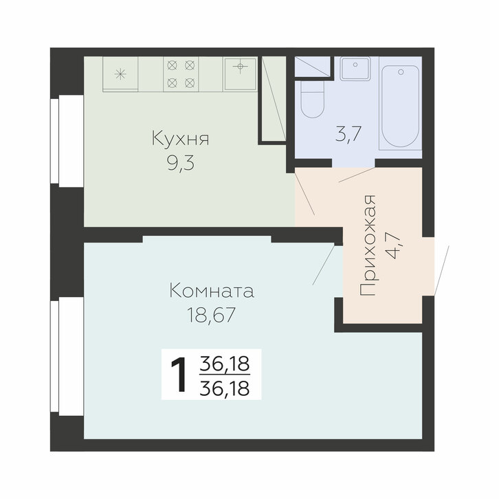 1 комн. квартира, 36.2 м², 3 этаж 