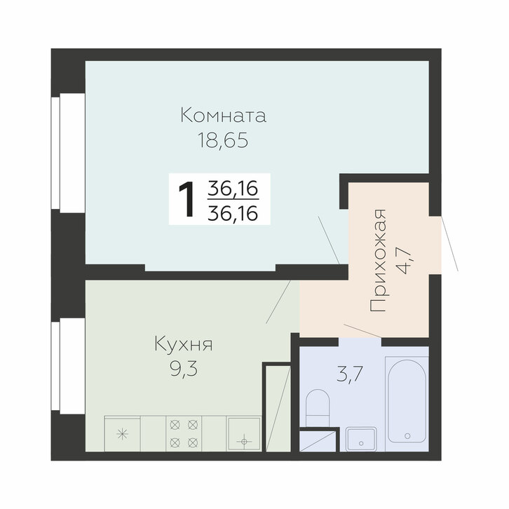 1 комн. квартира, 36.1 м², 3 этаж 