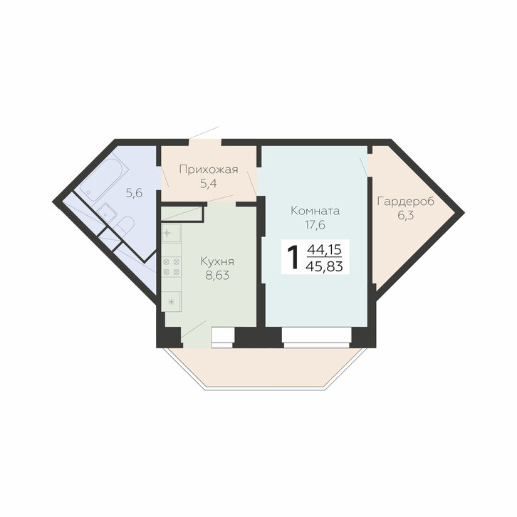 1 комн. квартира, 45.8 м², 6 этаж 