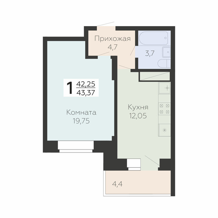 1 комн. квартира, 43.4 м², 1 этаж 