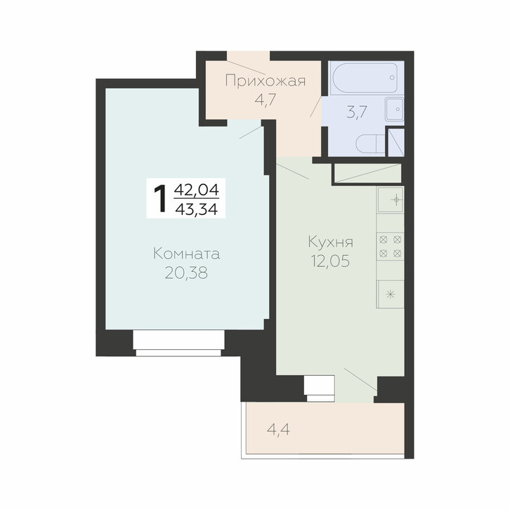 1 комн. квартира, 43.3 м², 12 этаж 