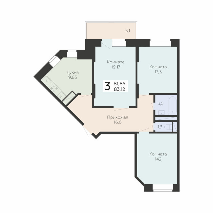 3 комн. квартира, 83.1 м², 12 этаж 