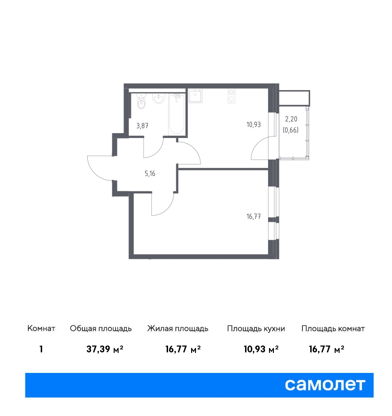1 комн. квартира, 37.4 м², 4 этаж  (из 17)