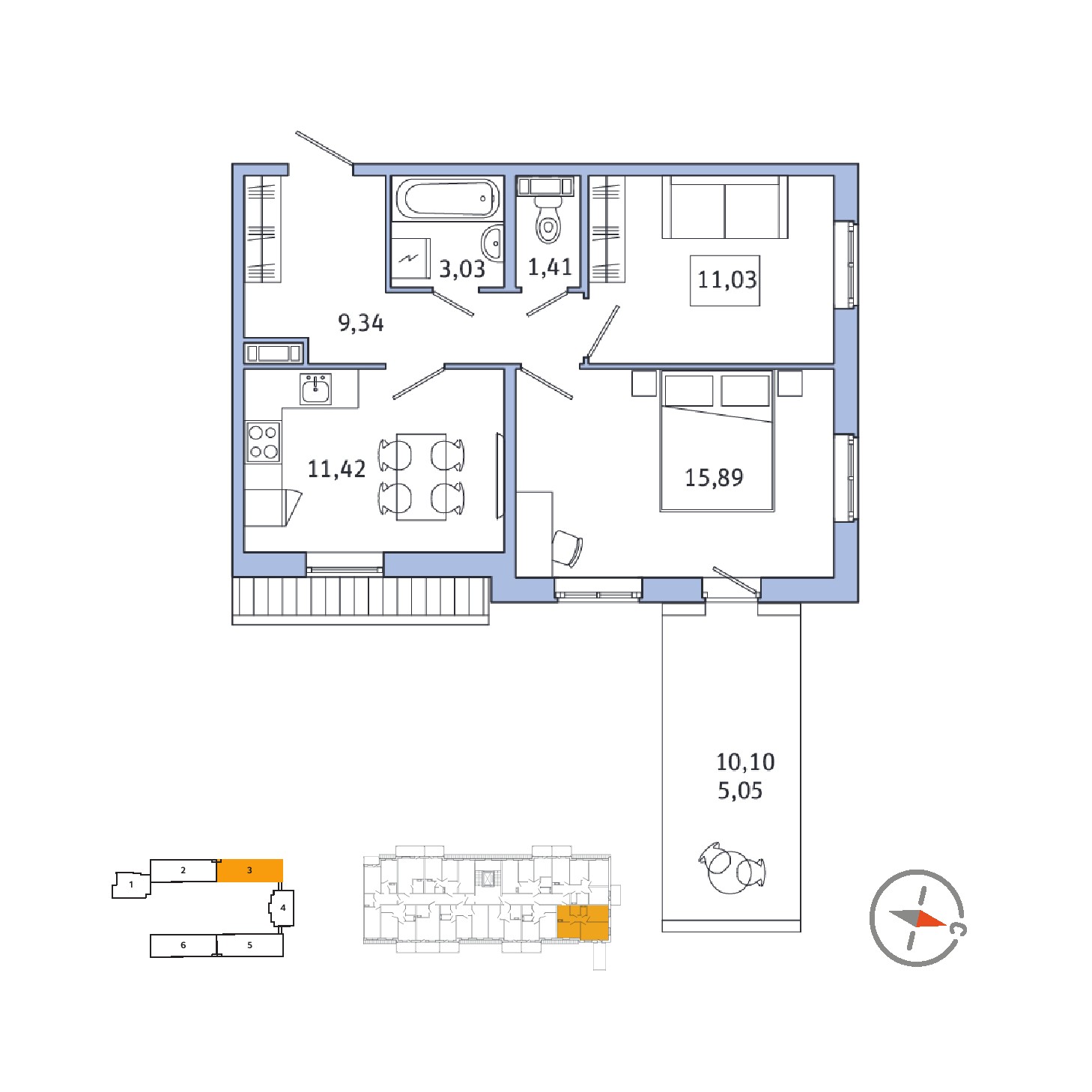 2 комн. квартира, 62.2 м², 5 этаж 