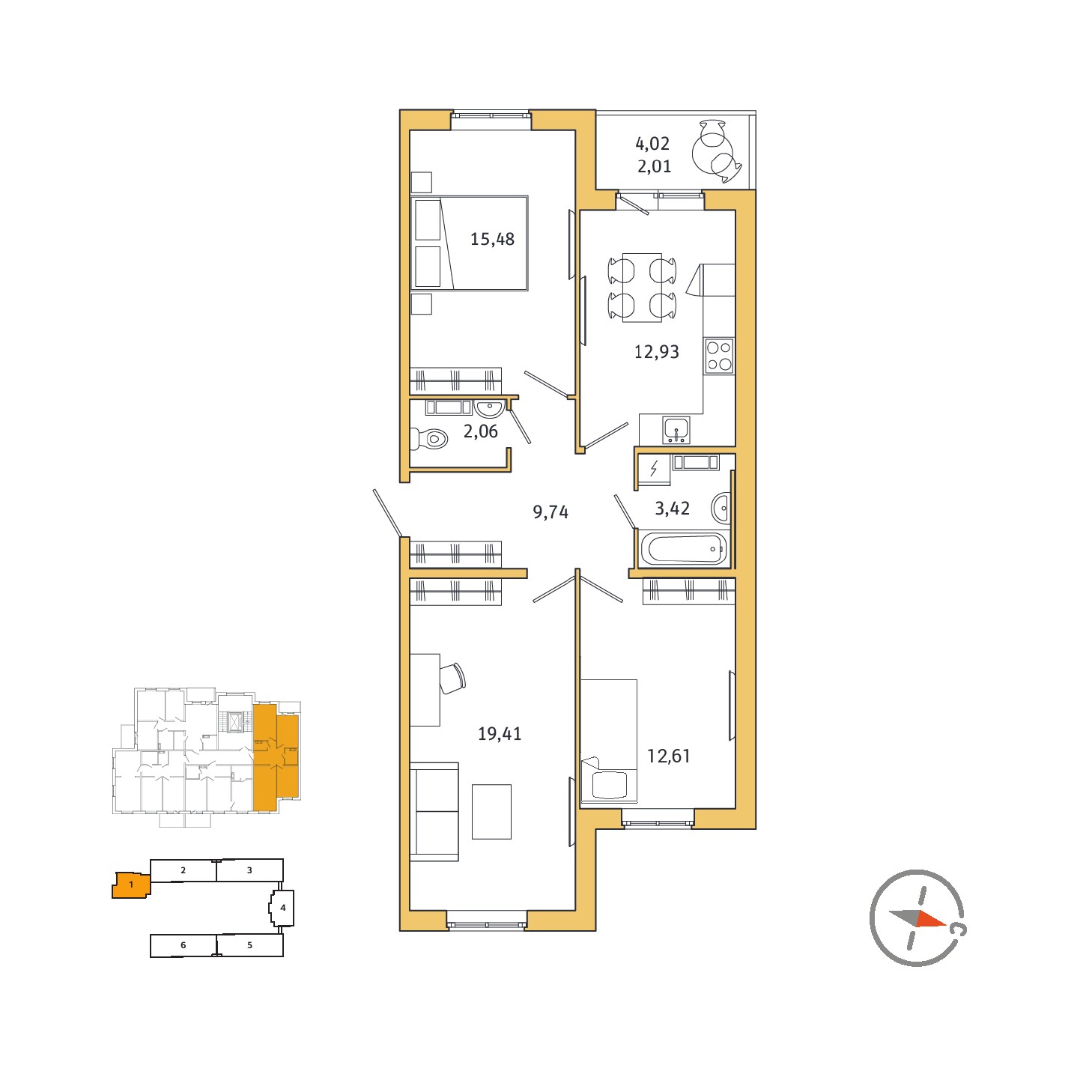 3 комн. квартира, 75.7 м², 2 этаж 