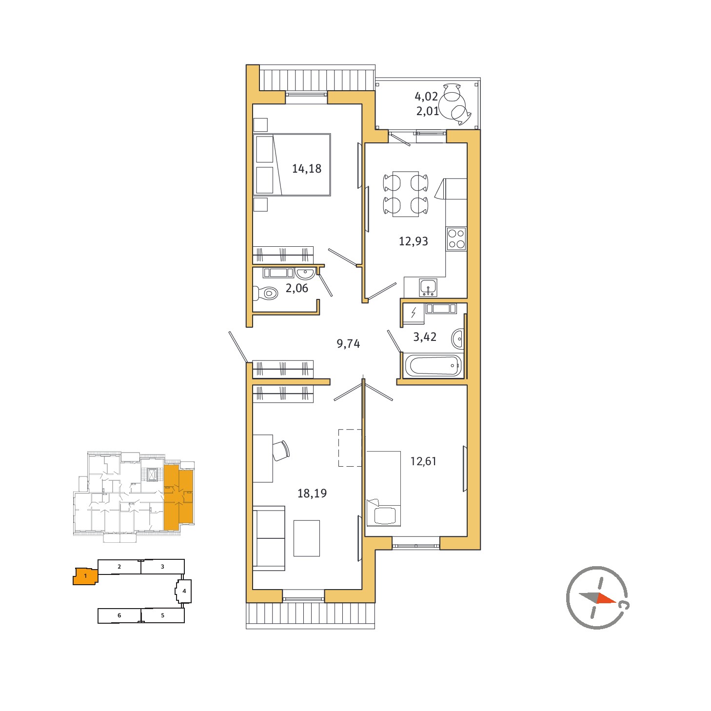 3 комн. квартира, 73.1 м², 5 этаж 