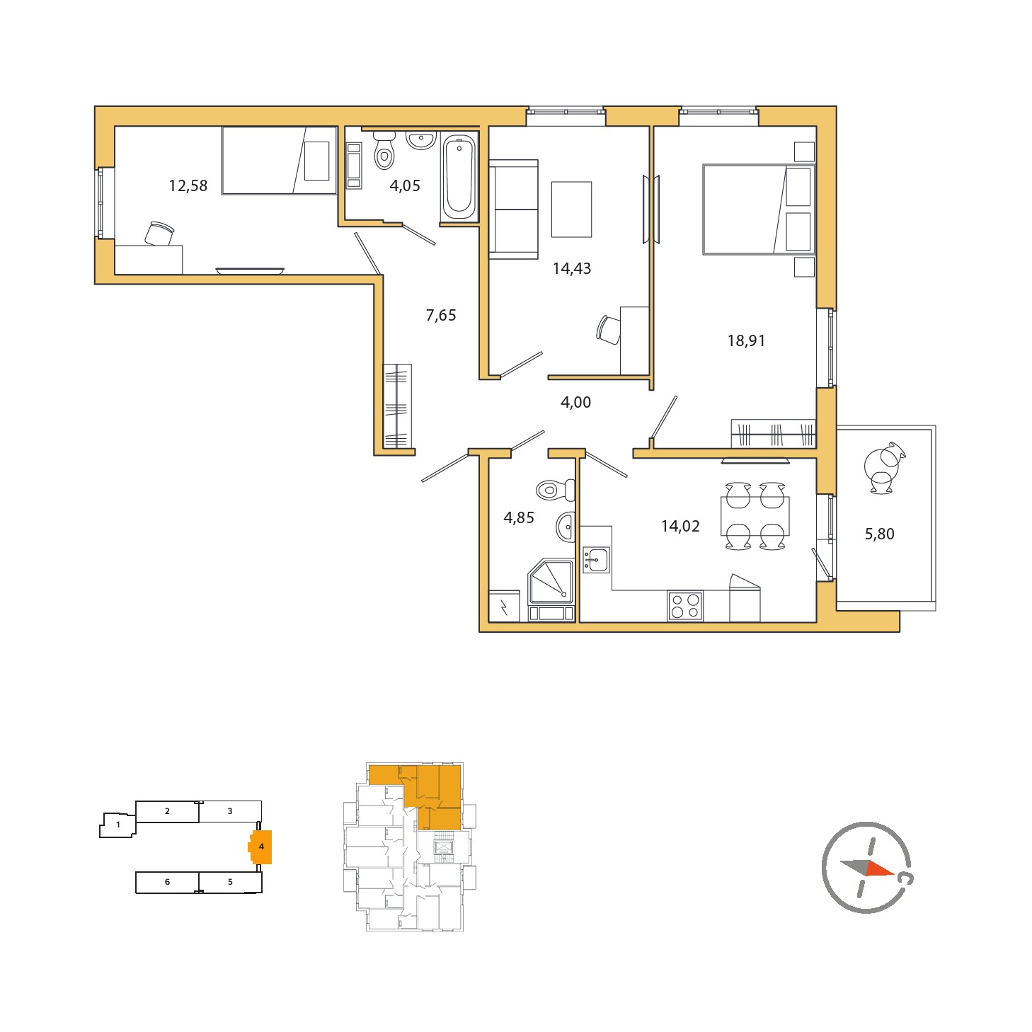 3 комн. квартира, 80.5 м², 3 этаж 