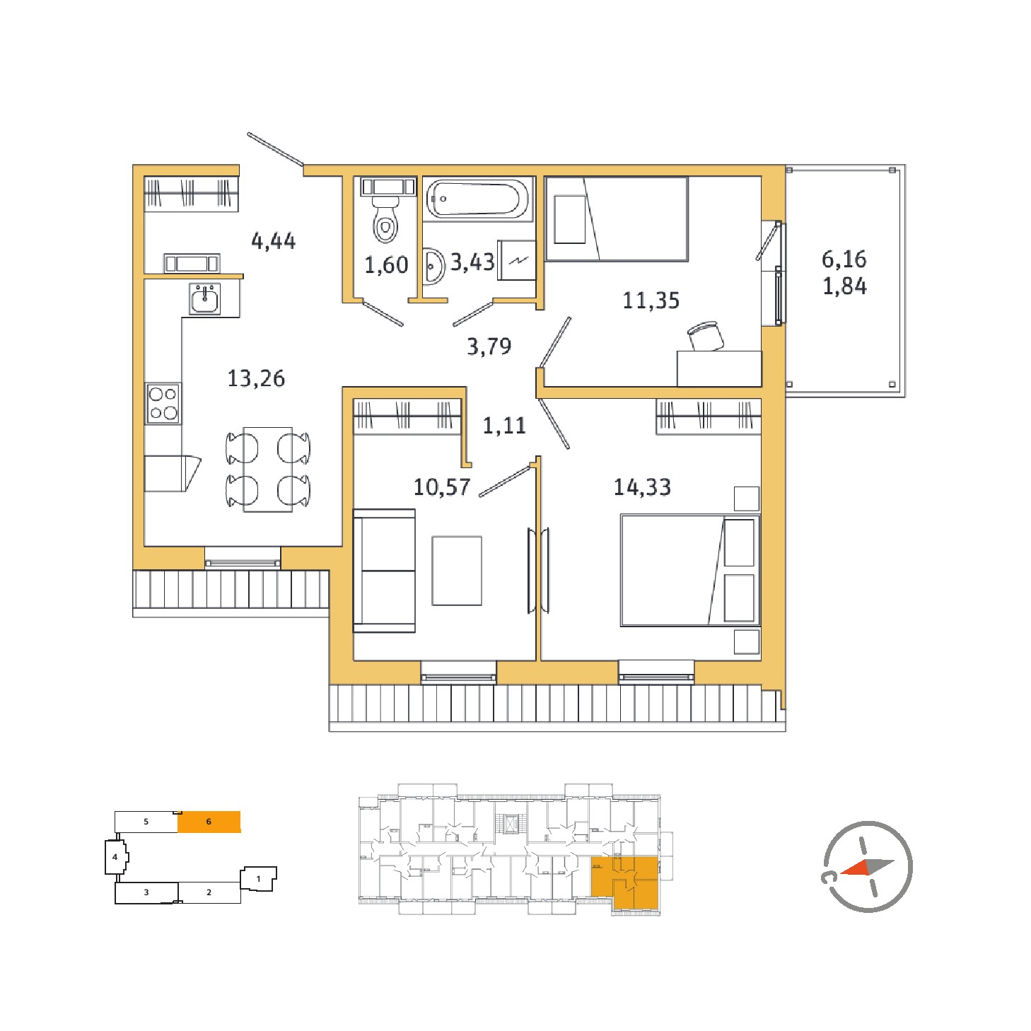 3 комн. квартира, 63.9 м², 5 этаж 