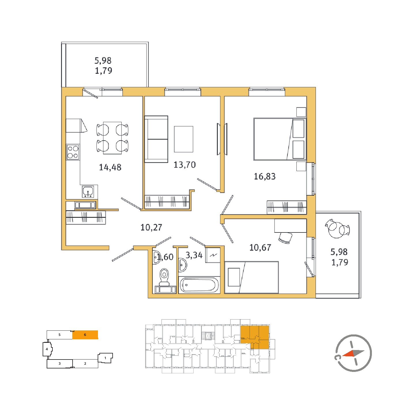 3 комн. квартира, 70.9 м², 2 этаж 