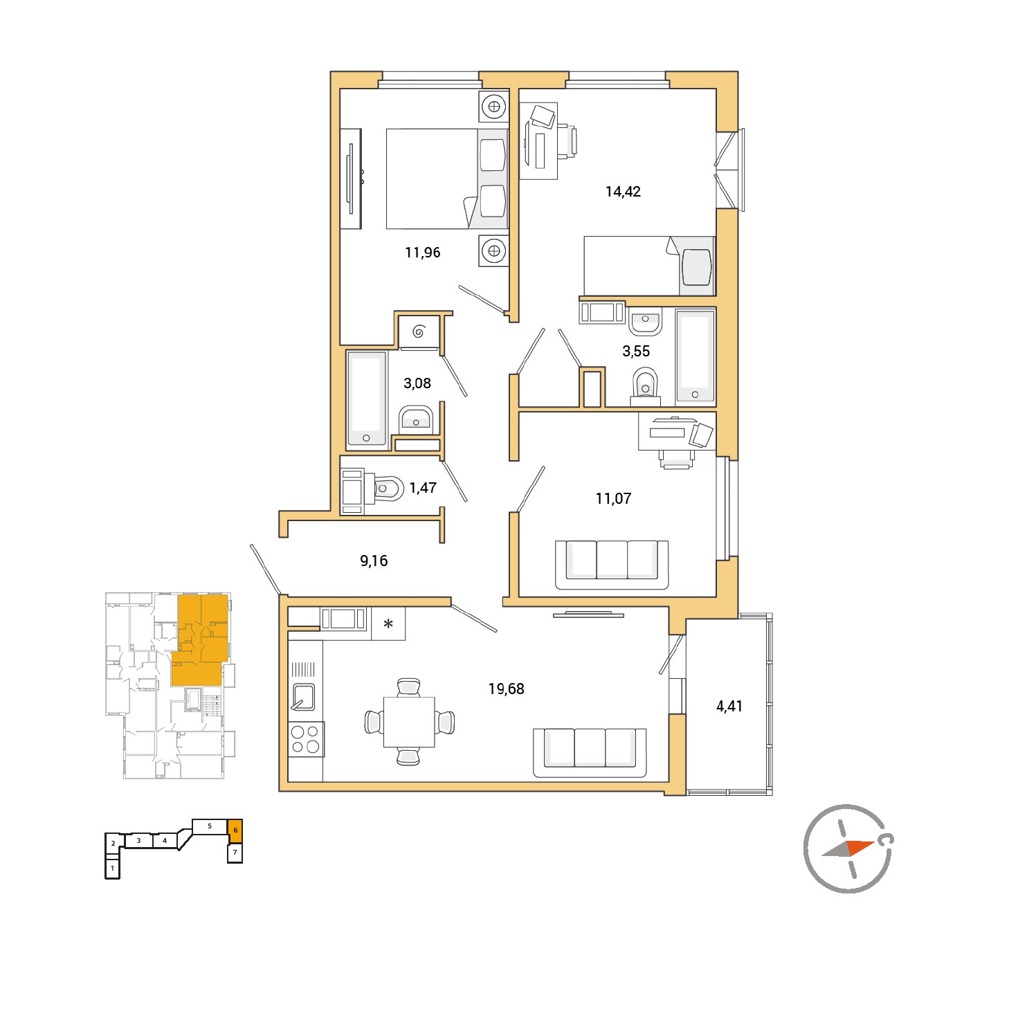 3 комн. квартира, 78.8 м², 8 этаж 