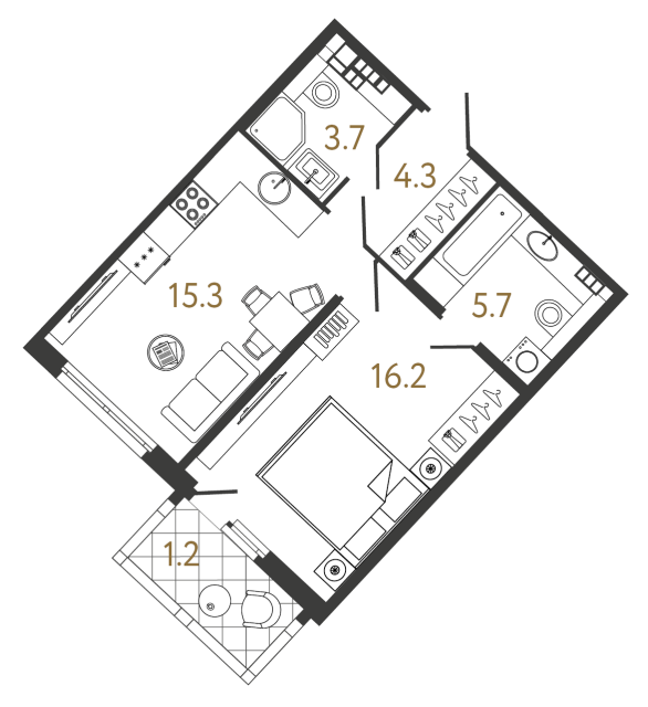 1 комн. квартира, 45.2 м², 5 этаж 