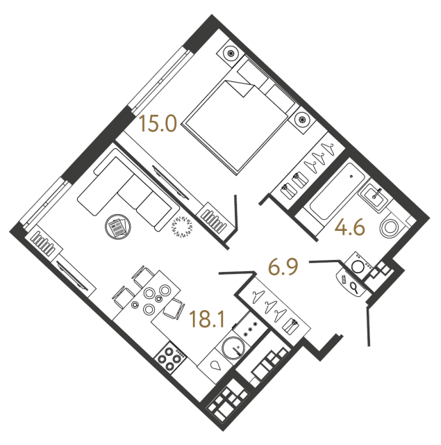 1 комн. квартира, 44.6 м², 5 этаж 