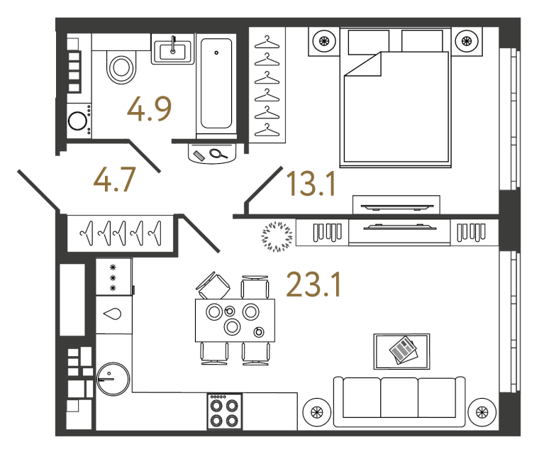 1 комн. квартира, 45.8 м², 5 этаж 