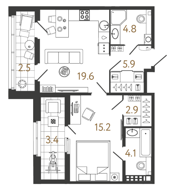 1 комн. квартира, 52.5 м², 7 этаж 