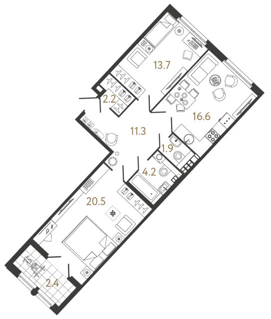 2 комн. квартира, 70.4 м², 6 этаж 