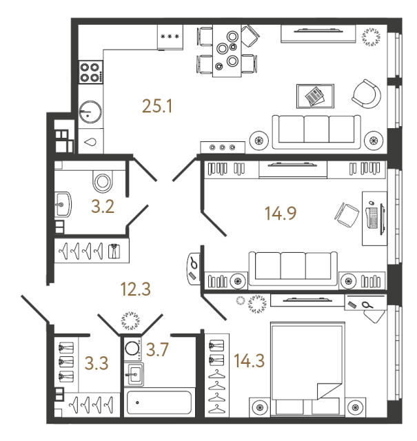 2 комн. квартира, 76.8 м², 3 этаж 