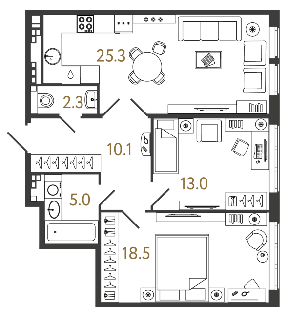 2 комн. квартира, 74.2 м², 4 этаж 