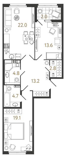 2 комн. квартира, 80.2 м², 5 этаж 