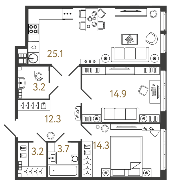 2 комн. квартира, 76.7 м², 4 этаж 