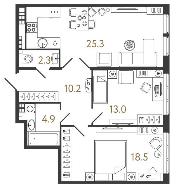 2 комн. квартира, 74.2 м², 5 этаж 