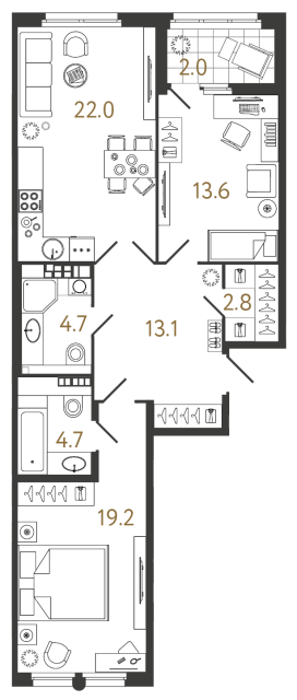 2 комн. квартира, 80.1 м², 6 этаж 