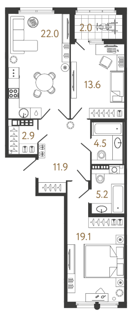 2 комн. квартира, 79.2 м², 7 этаж 