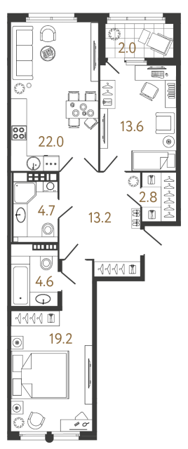 2 комн. квартира, 80.1 м², 7 этаж 