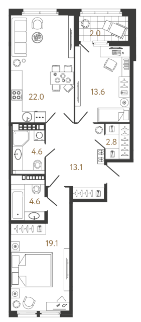2 комн. квартира, 79.8 м², 8 этаж 