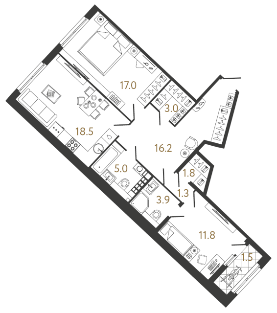2 комн. квартира, 78.5 м², 5 этаж 