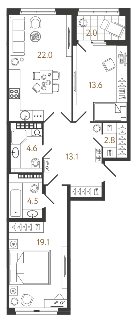 2 комн. квартира, 79.7 м², 9 этаж 