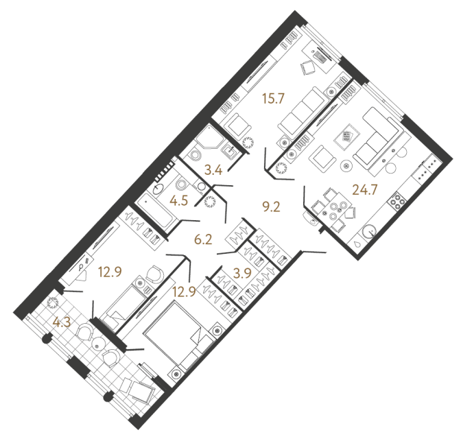 3 комн. квартира, 93.4 м², 7 этаж 