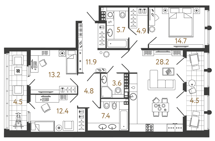 3 комн. квартира, 106.8 м², 7 этаж 