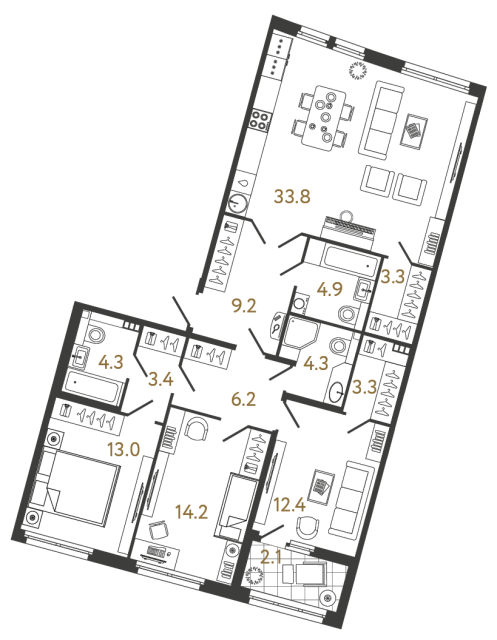 3 комн. квартира, 112.3 м², 4 этаж 