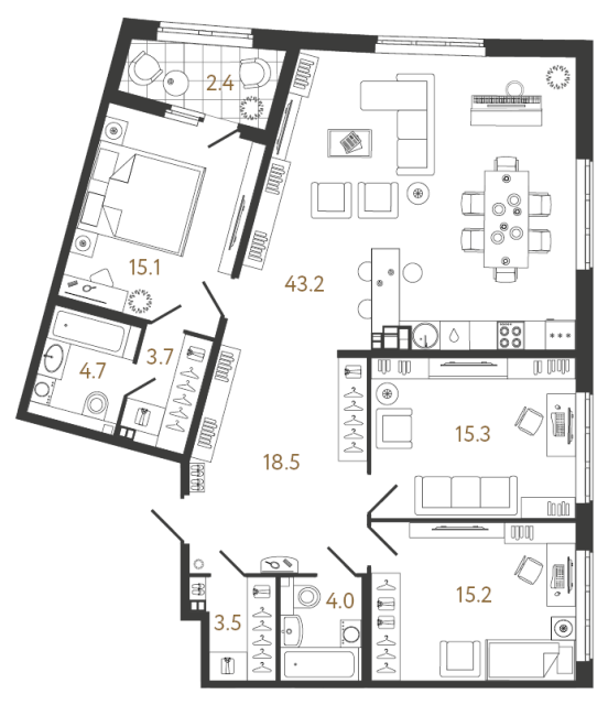 3 комн. квартира, 122.5 м², 3 этаж 