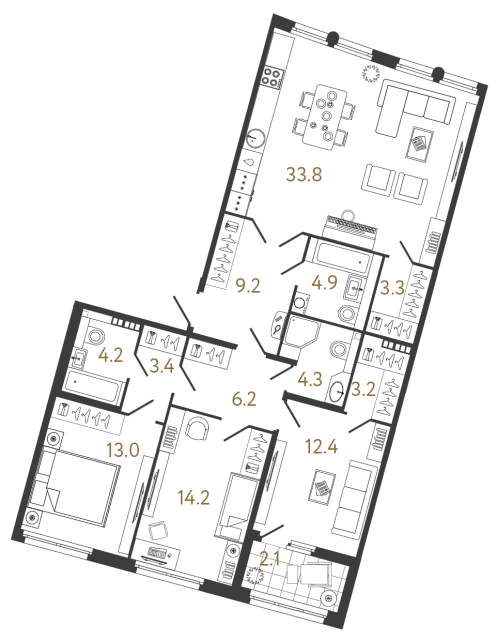 3 комн. квартира, 112.1 м², 6 этаж 
